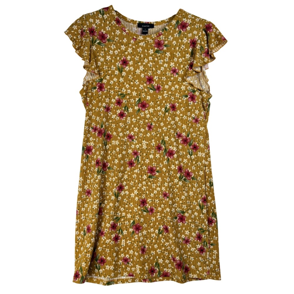 Kaktus Floral Shift Dress Made in USA Mustard Yellow Ribbed Flutter Sleeve Boho